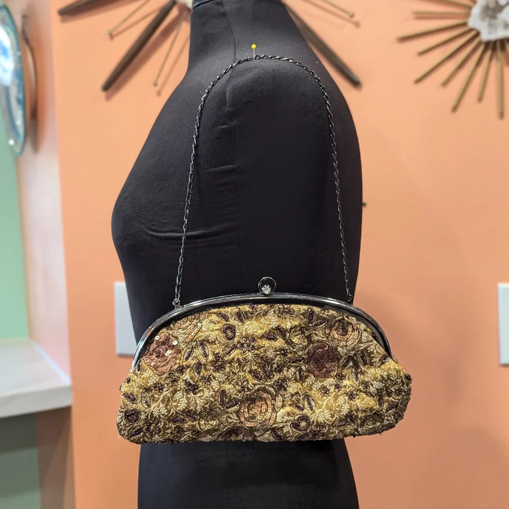 Y2K Mini Whimsigoth Handbag Tiny Frame Bag Gold Brocade Shabby Chic Retro Sequin